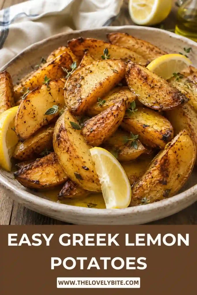 A platter of Greek Lemon Potatoes roasted until golden brown and garnished with fresh oregano and lemon wedges. The potatoes have crispy edges and a tender, fluffy interior.