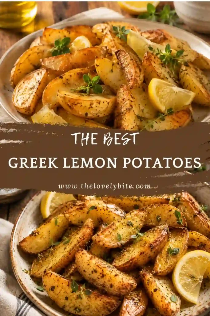 Roasted lemon potatoes arranged on a serving platter with fresh herbs. The golden potatoes showcase a classic Greek-inspired side dish.