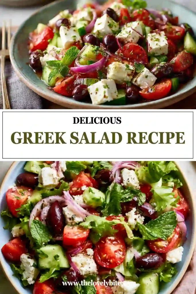 Traditional Greek Salad arranged on a platter with fresh vegetables, feta cheese, olives, and oregano. The homemade Greek dressing adds bright Mediterranean flavor.