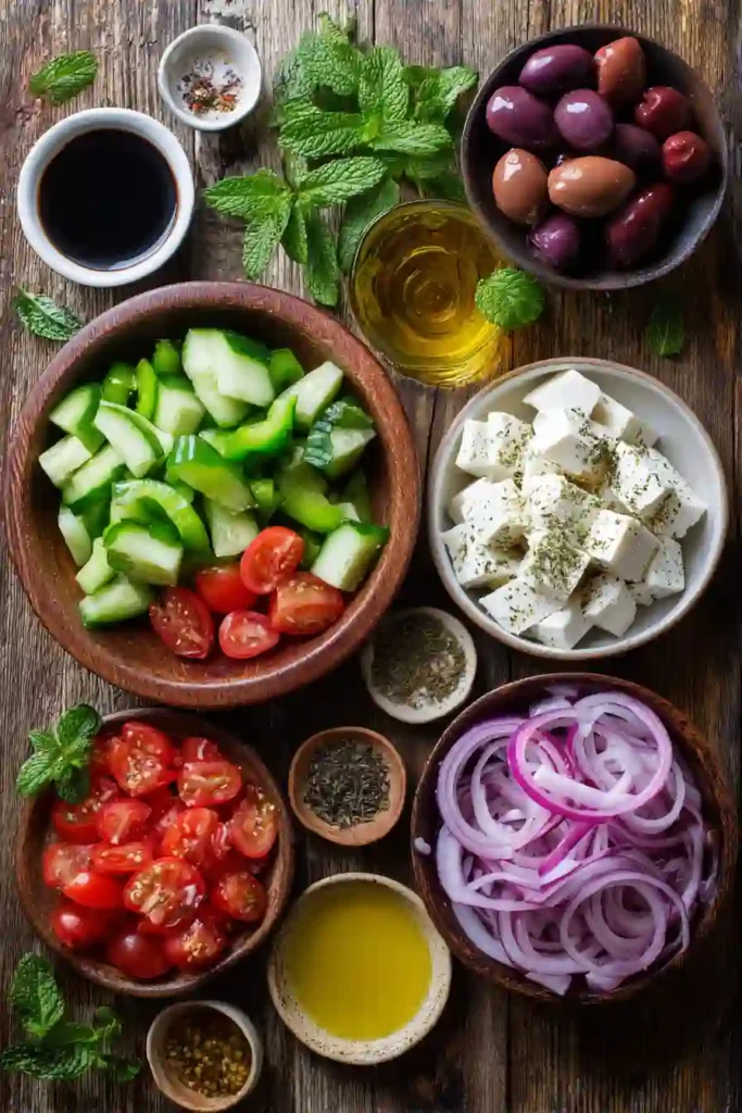 A fresh Greek Salad served with cucumber slices, cherry tomatoes, feta cheese cubes, red onion, and Kalamata olives. This colorful Mediterranean salad is finished with a homemade olive oil dressing.
