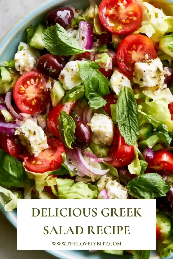 Healthy Greek Salad topped with feta cheese, fresh mint, olives, and vegetables. A classic Mediterranean salad served with a homemade vinaigrette.