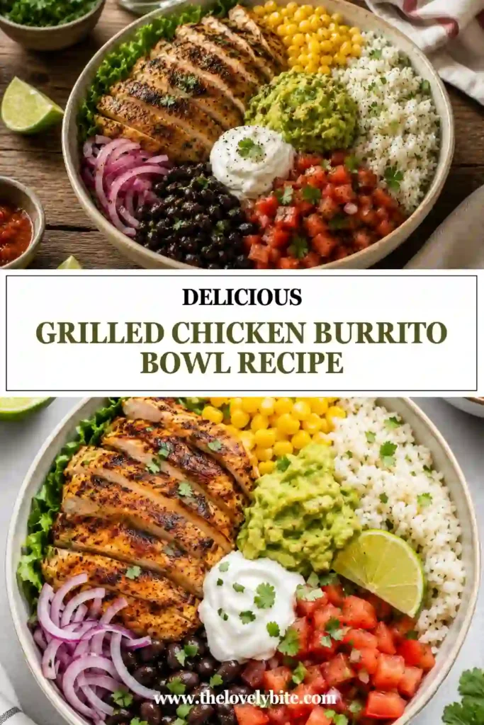 Fresh Grilled Chicken Burrito Bowl topped with juicy chicken breast, cilantro lime rice, tomatoes, avocado, and black beans. A wholesome meal packed with vibrant flavors and nutrients.