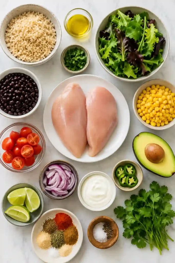 A Grilled Chicken Burrito Bowl filled with sliced grilled chicken, brown rice, black beans, avocado, corn, and fresh vegetables. This healthy chicken bowl is colorful, protein-rich, and perfect for lunch or dinner.
