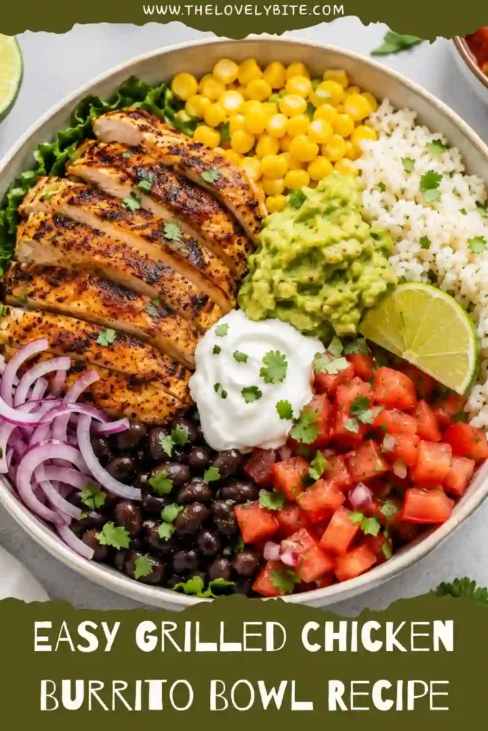 Healthy burrito bowl featuring grilled chicken, mixed greens, corn, avocado, and seasoned brown rice. This Mexican-inspired bowl is ideal for meal prep and quick family meals.