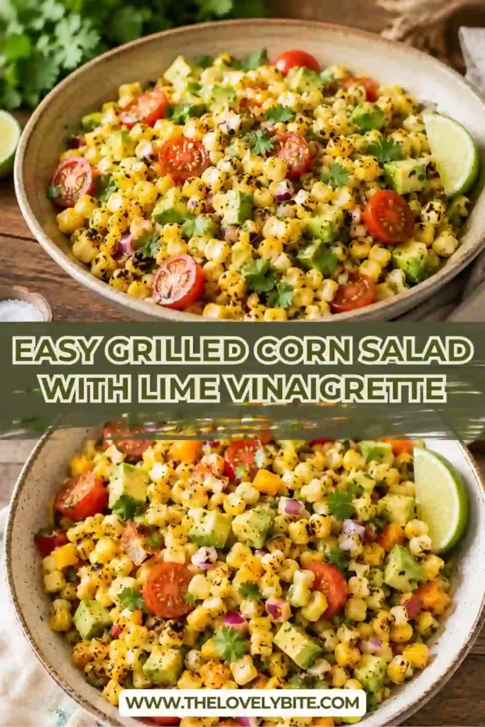 A bowl of Grilled Corn Salad with Lime Vinaigrette filled with charred corn, avocado, cherry tomatoes, bell peppers, and fresh cilantro. The colorful summer salad is tossed in a tangy smoky lime dressing.