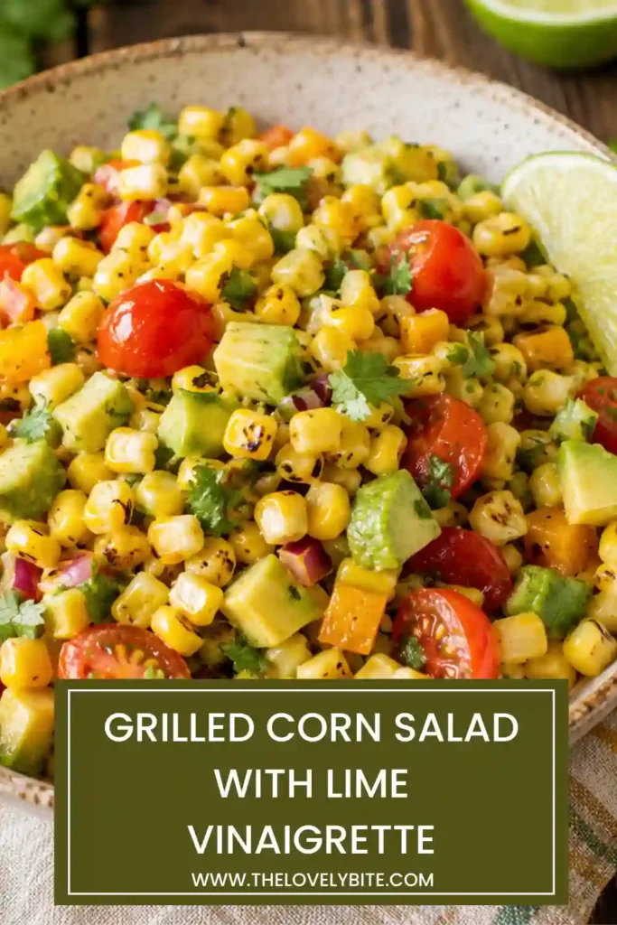 Fresh Grilled Corn Salad with Lime Vinaigrette served in a large bowl with juicy tomatoes, creamy avocado, grilled sweet corn, and chopped cilantro. A perfect healthy BBQ side dish.