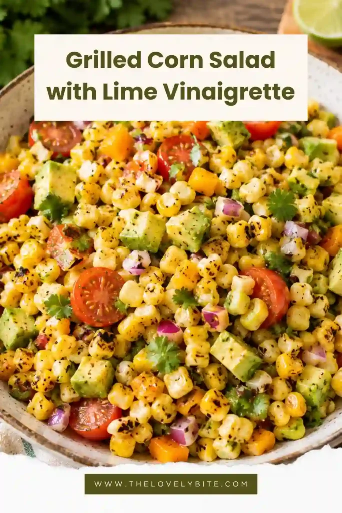 Colorful grilled corn salad featuring roasted corn kernels, fresh vegetables, avocado, and homemade lime vinaigrette. An easy summer recipe for gatherings and family meals.