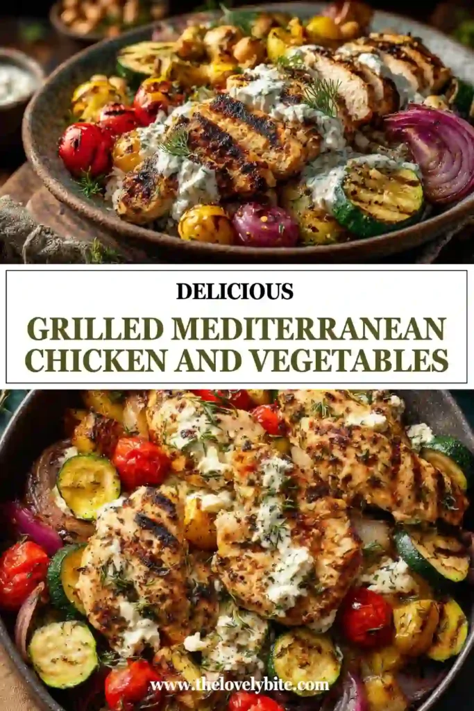 Juicy yogurt-marinated chicken grilled alongside bell peppers, zucchini, and red onion. This healthy Mediterranean chicken recipe is served with creamy cucumber tzatziki.