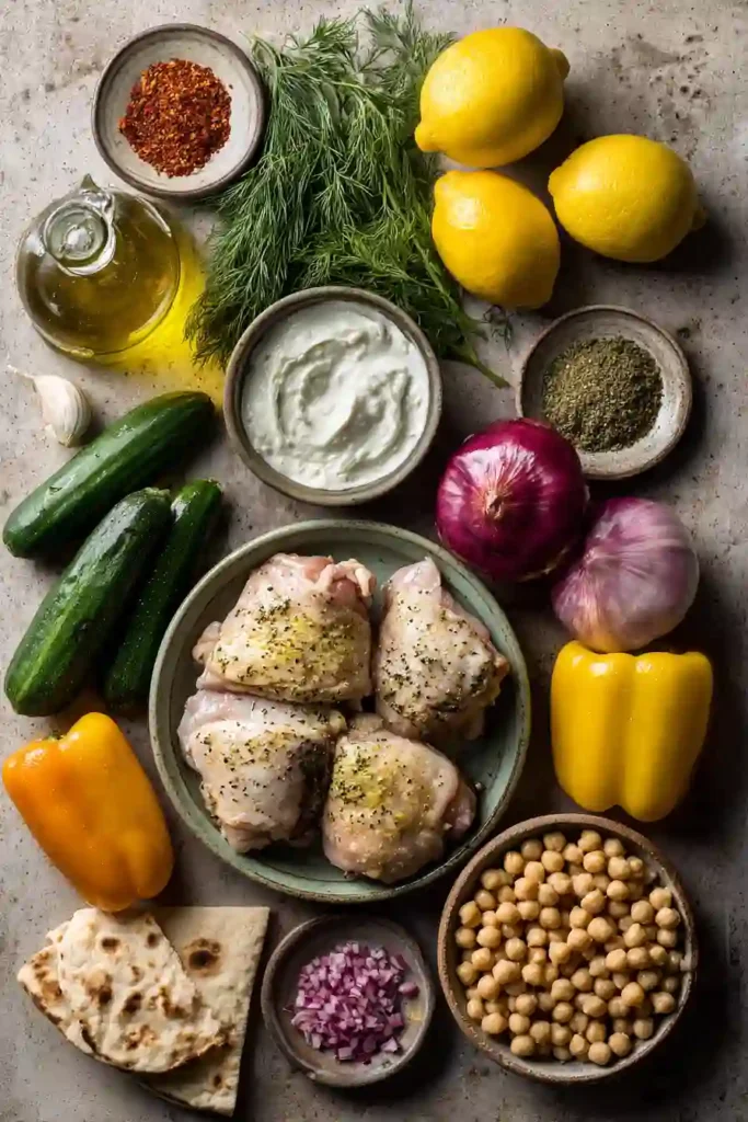 A platter of Grilled Mediterranean Chicken and Vegetables served with homemade tzatziki sauce, warm pita bread, and fresh herbs. The colorful vegetables and juicy grilled chicken create a vibrant Mediterranean meal.