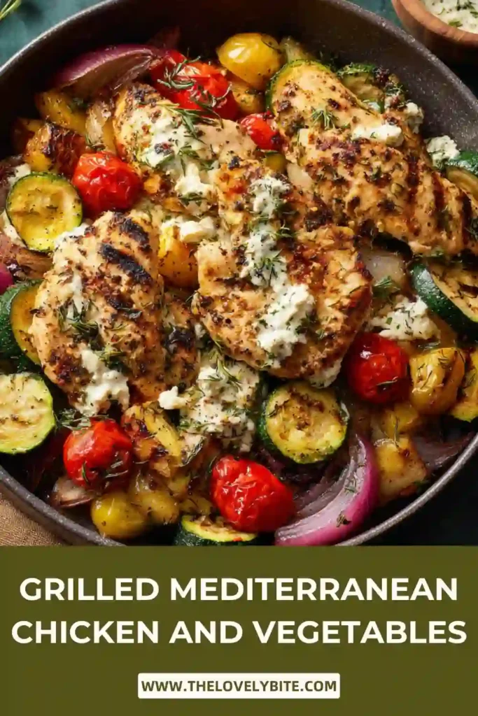 Grilled Mediterranean Chicken and Vegetables arranged in a serving bowl with roasted chickpeas and pickled red onions. Fresh herbs add bright flavor and visual appeal.