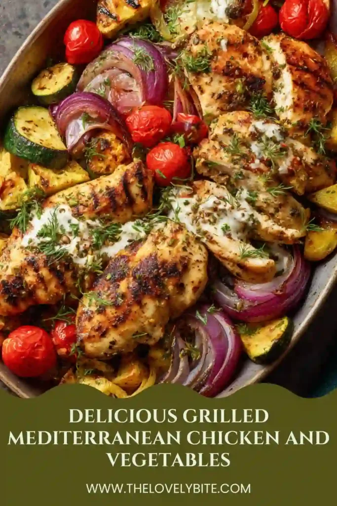 Mediterranean grilled chicken with charred vegetables and homemade tzatziki sauce. A wholesome and colorful dinner packed with fresh ingredients and bold flavors.