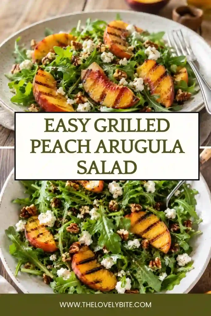 A bowl of Grilled Peach Arugula Salad filled with grilled peaches, fresh blueberries, creamy goat cheese, crunchy almonds, and peppery arugula. The colorful summer salad is topped with a light balsamic dressing.