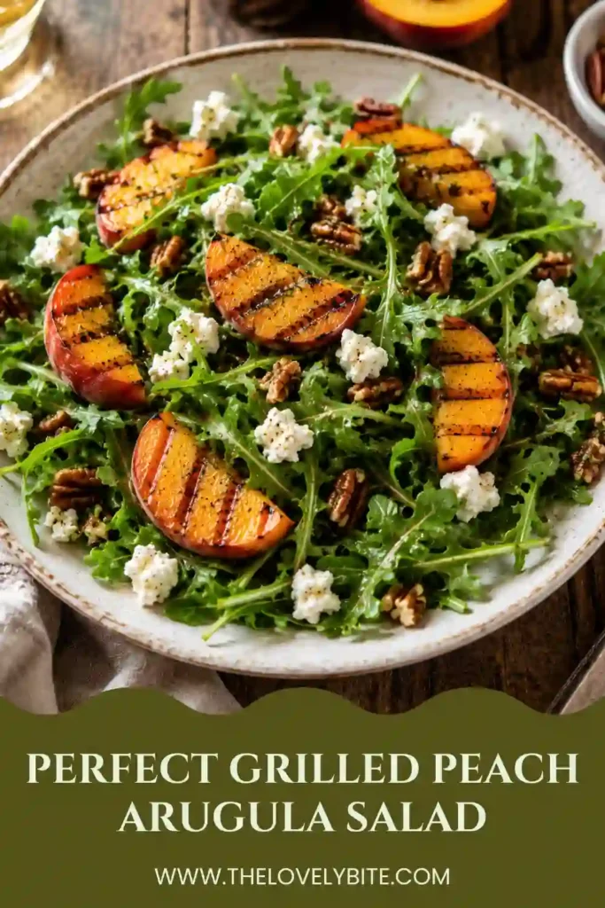 Fresh Grilled Peach Arugula Salad served with juicy peaches, blueberries, goat cheese crumbles, and toasted almonds. This healthy salad makes a perfect summer side dish.