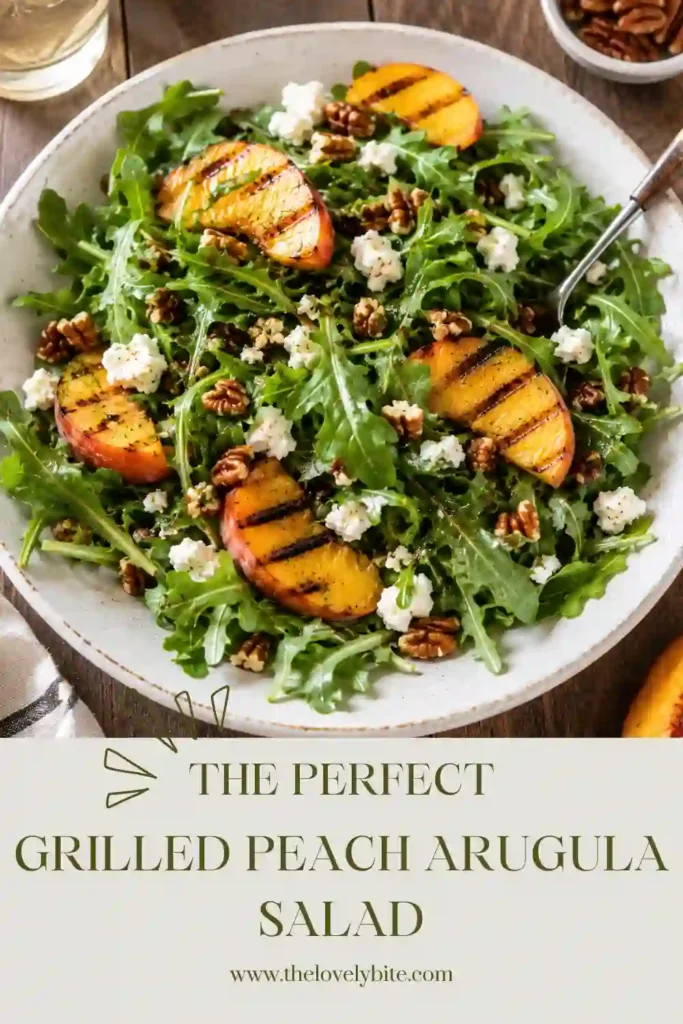 Close-up of Grilled Peach Arugula Salad featuring grilled peaches, blueberries, creamy goat cheese, and fresh arugula tossed in homemade balsamic vinaigrette. Bright seasonal ingredients create a beautiful presentation.