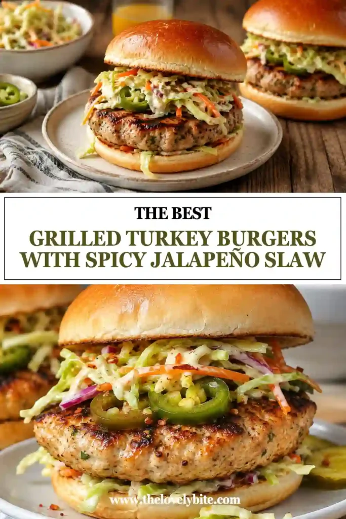 Juicy grilled turkey burgers are served on whole wheat buns and topped with crunchy spicy jalapeño slaw. This healthy turkey burger recipe is perfect for grilling season.