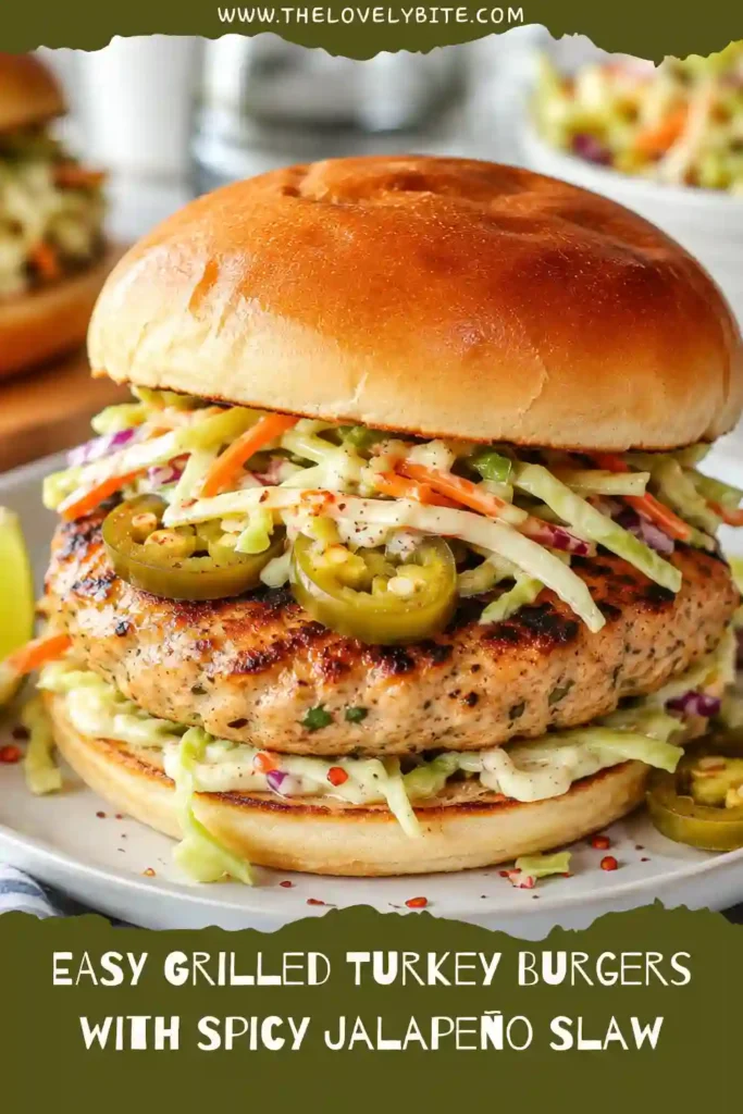 Freshly grilled turkey burgers with creamy cabbage slaw, carrots, and sliced jalapeños create a colorful and flavorful meal for lunch or dinner.