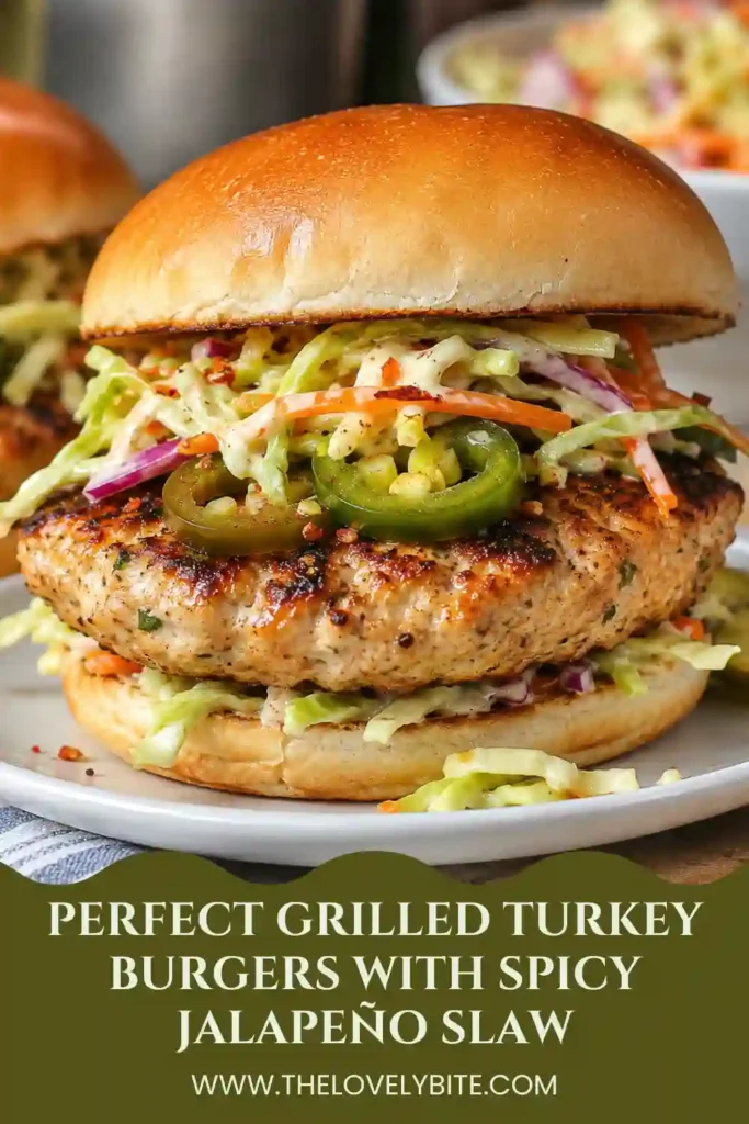 Healthy grilled turkey burgers topped with homemade spicy jalapeño slaw and served on toasted whole wheat buns make an easy family dinner.