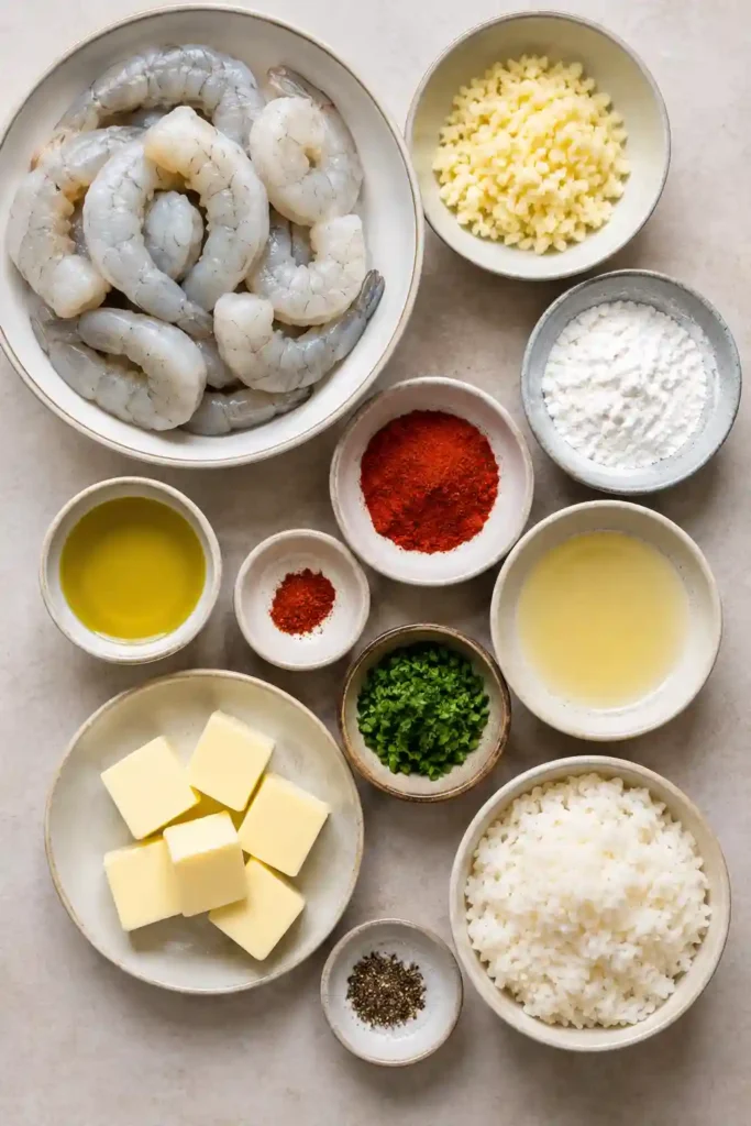 A plate of Hawaiian Garlic Shrimp served over fluffy white rice and coated in rich garlic butter sauce. Fresh parsley and lemon add bright color and flavor to this island-inspired seafood dish.