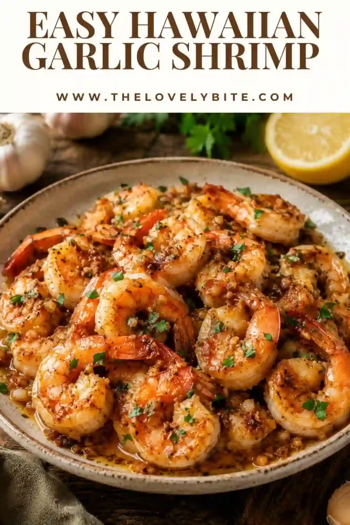 Hawaiian-style garlic shrimp served in a bowl with steamed rice and fresh parsley garnish. The shrimp are tender, juicy, and coated in a flavorful garlic sauce.