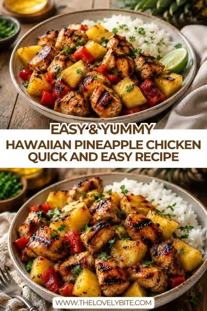 A sheet pan filled with Hawaiian Pineapple Chicken, colorful bell peppers, pineapple chunks, and tender baked chicken. This easy tropical dinner is vibrant, flavorful, and family-friendly.