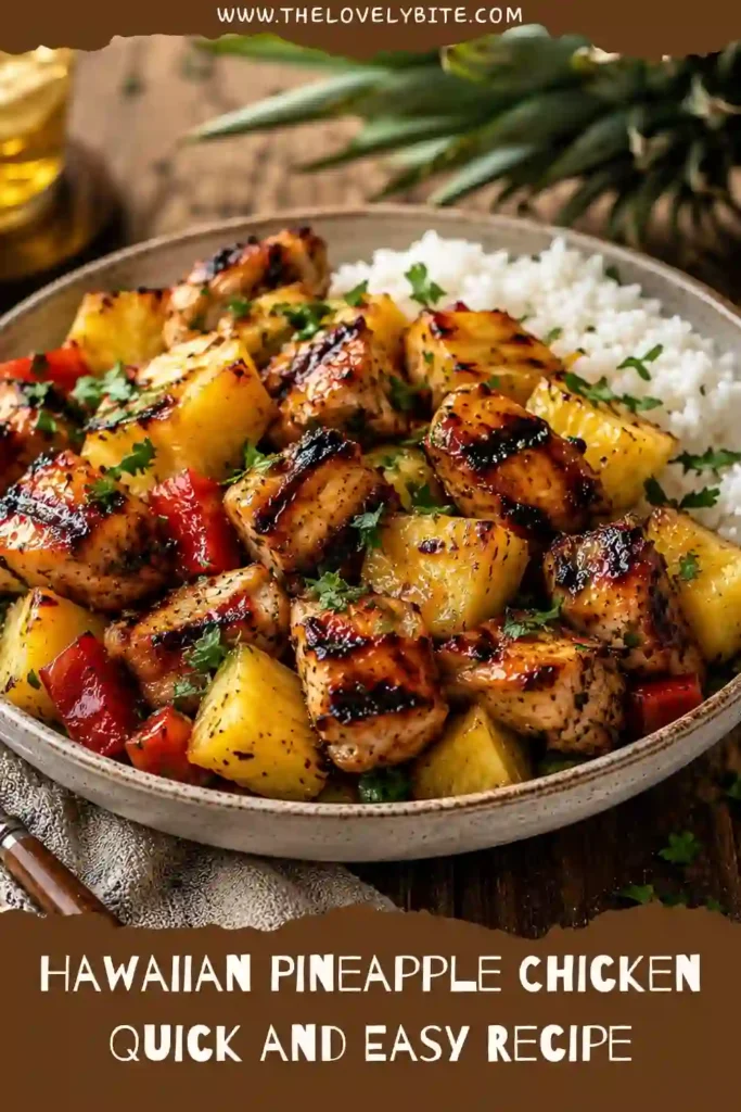 Juicy Hawaiian Pineapple Chicken served over rice with roasted peppers and sweet pineapple chunks. A quick and easy weeknight meal packed with tropical flavor.