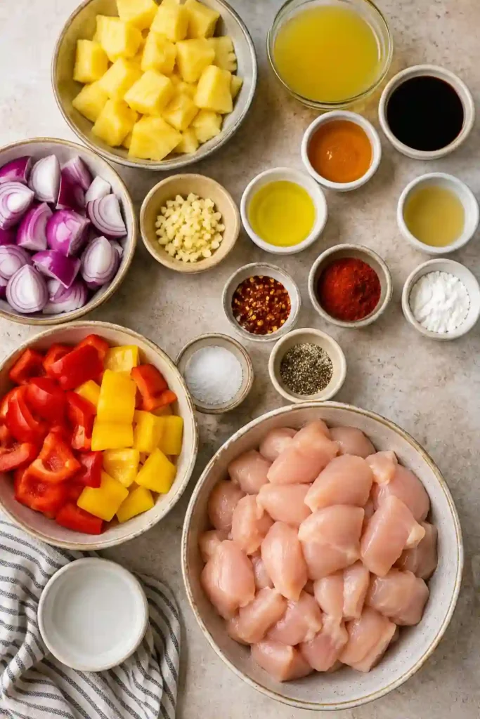 A close-up of Hawaiian Pineapple Chicken with juicy chicken pieces, caramelized pineapple, and roasted vegetables. This easy sheet pan recipe is perfect for busy evenings.