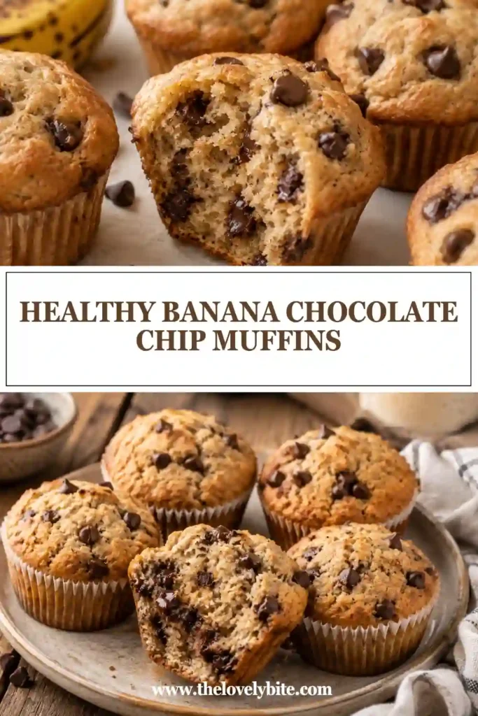 A basket filled with homemade Healthy Banana Chocolate Chip Muffins made with Greek yogurt and honey. Golden tops and rich chocolate chips make these muffins irresistible.