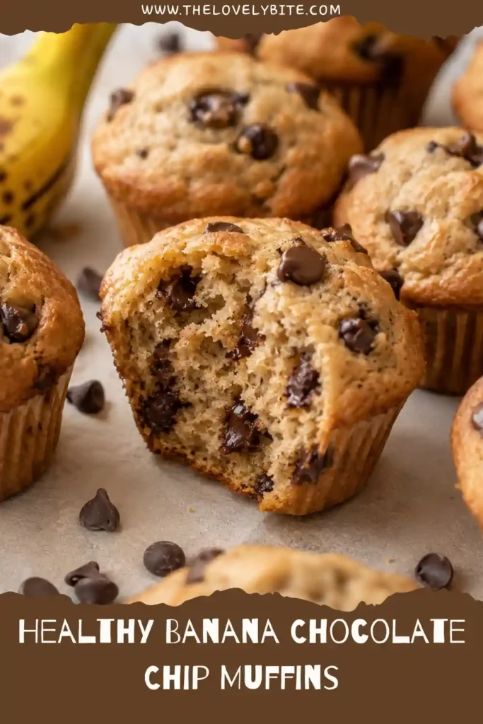 Close-up of moist Healthy Banana Chocolate Chip Muffins showing their soft banana crumb and melted chocolate chips. A wholesome breakfast muffin made with whole wheat flour.