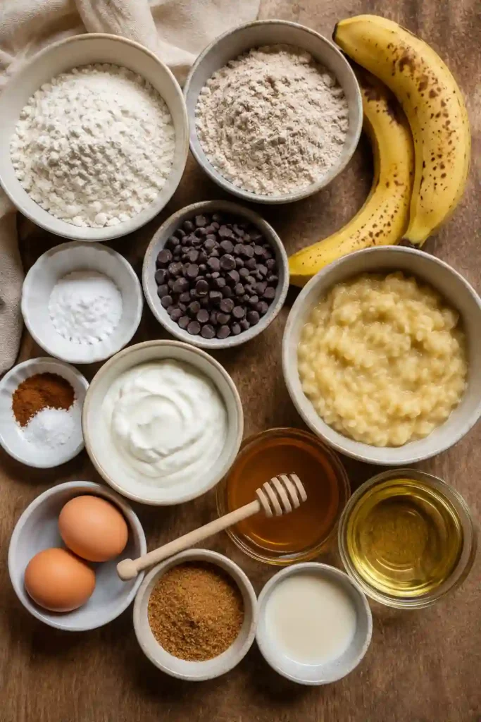 Healthy Banana Chocolate Chip Muffins served warm with fresh bananas and a glass of milk. Soft, fluffy, and naturally sweetened for a delicious homemade snack.