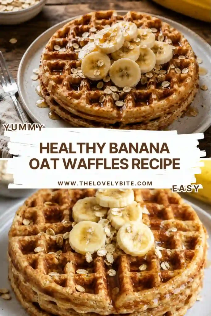 Freshly cooked Healthy Banana Oat Waffles stacked on a plate and topped with sliced bananas. These wholesome breakfast waffles are made with oats and naturally sweet ripe bananas.