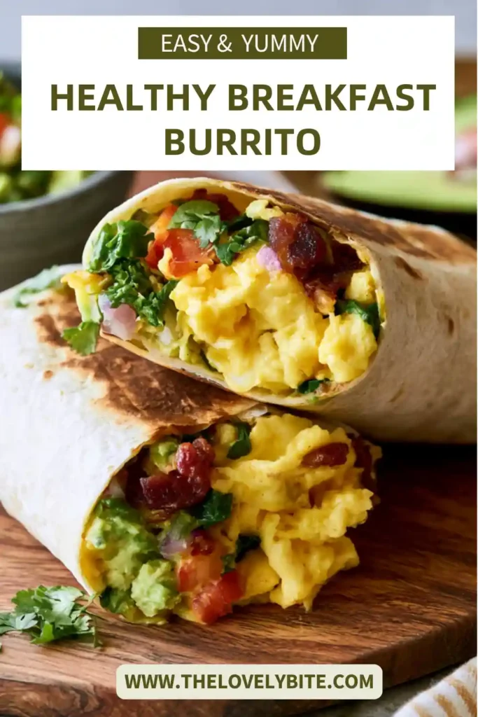 Close-up of a Breakfast Burrito sliced in half showing layers of eggs, potatoes, avocado, pico de gallo, and black beans.