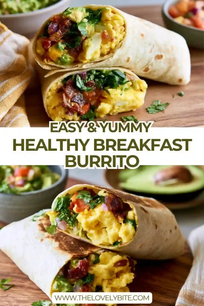 A homemade Breakfast Burrito filled with scrambled eggs, roasted potatoes, black beans, avocado, and fresh vegetables wrapped in a warm tortilla.