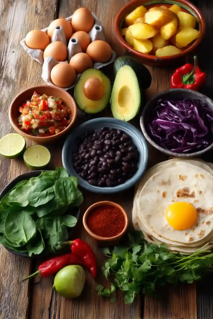 Fresh Breakfast Burrito served with cilantro lime dressing and filled with roasted potatoes, eggs, avocado, and vegetables.