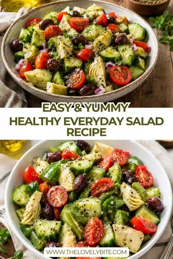 Fresh Healthy Everyday Salad Recipe featuring chopped cucumber, ripe avocado, cherry tomatoes, and olives tossed with olive oil. A simple Mediterranean-inspired salad for lunch or dinner.