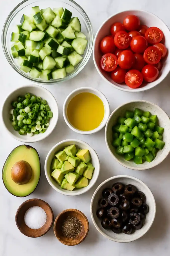 A bowl of Healthy Everyday Salad Recipe made with cucumber, cherry tomatoes, avocado, olives, and green bell pepper. This fresh vegetable salad is colorful, nutritious, and perfect for a quick meal.