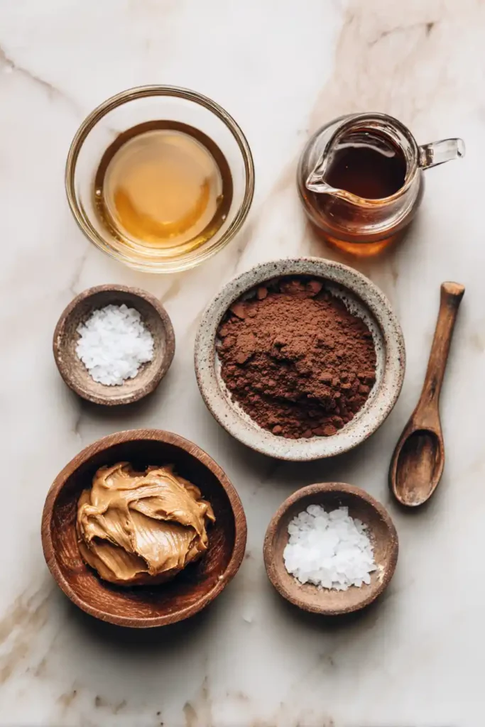 Healthy Homemade Peanut Butter Cups stacked on a serving platter with visible chocolate layers. A simple vegan dessert made with coconut oil, cocoa powder, and peanut butter.