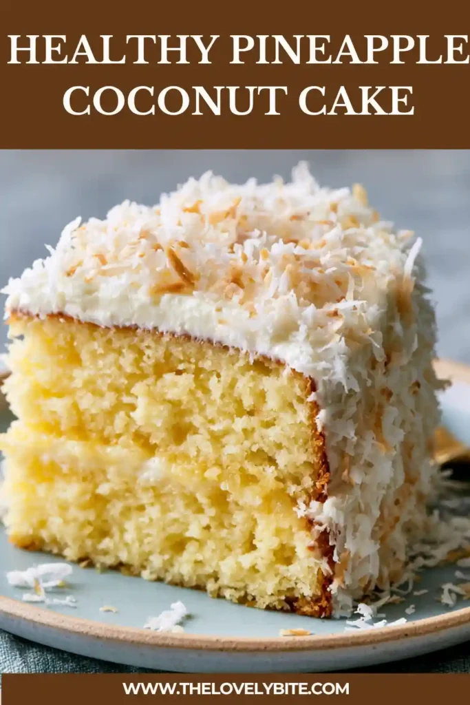 Homemade Pineapple Coconut Cake topped with pineapple pieces and coconut flakes on a cake stand. The dessert has a bright tropical look.