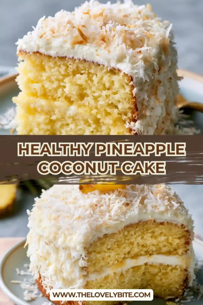 A slice of Pineapple Coconut Cake showing fluffy cake layers, pineapple curd filling, and smooth cream cheese frosting. Shredded coconut decorates the outside.