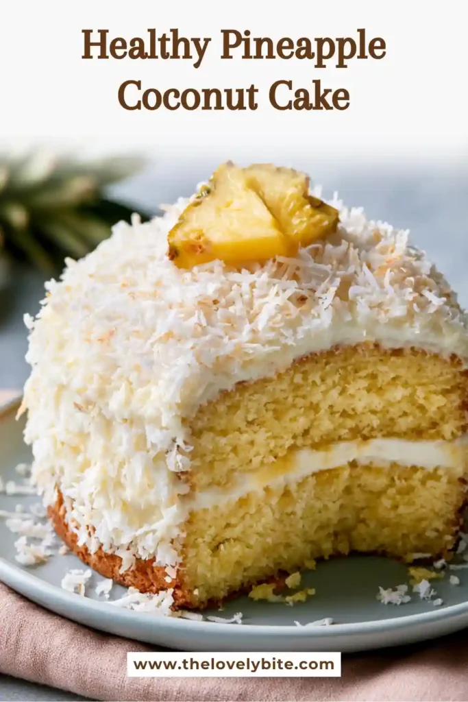 A tall Pineapple Coconut Cake layered with pineapple curd and cream cheese frosting. The cake is decorated with pineapple chunks and shredded coconut for a tropical dessert.