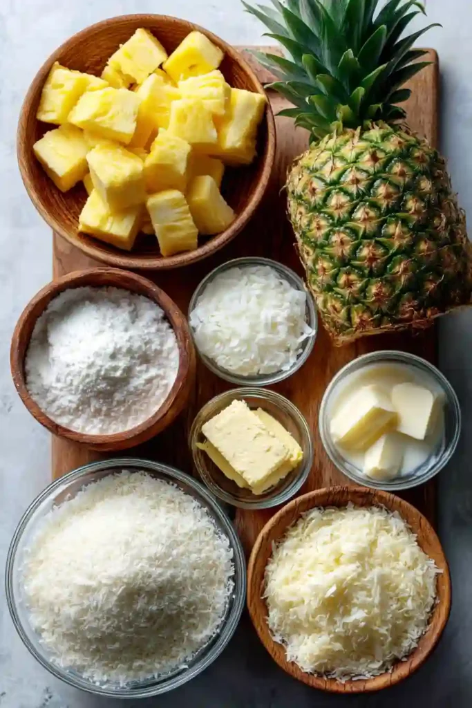 Close-up of Pineapple Coconut Cake with coconut flakes pressed into the frosting and pineapple garnish on top.