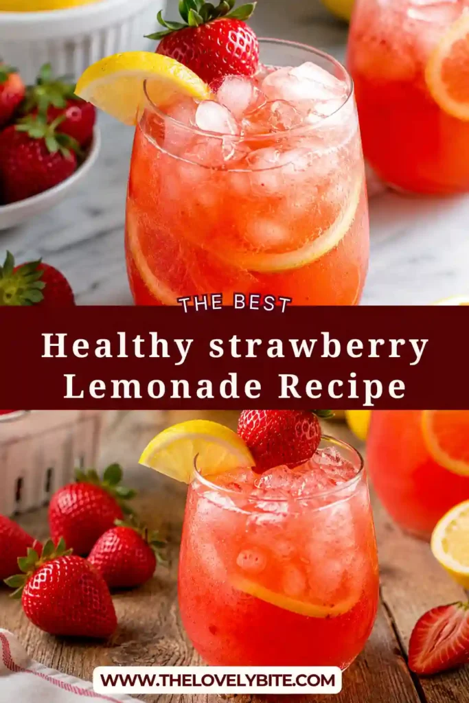 Fresh strawberry lemonade poured into glasses filled with ice and garnished with mint leaves. A fruity lemonade recipe ideal for warm weather.