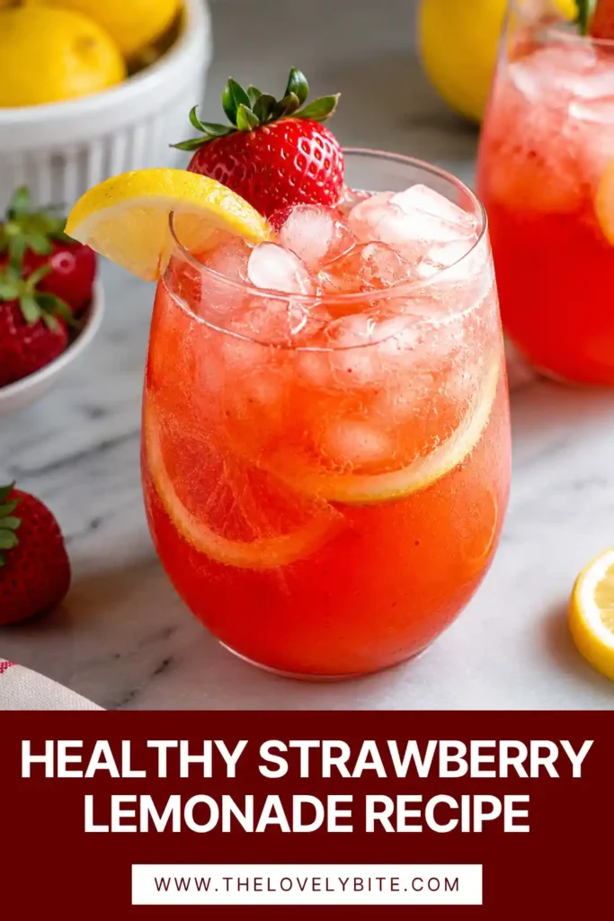 A glass of homemade strawberry lemonade served over ice with fresh strawberry slices and lemon wedges. This refreshing summer drink features vibrant berry flavor and fresh citrus notes.