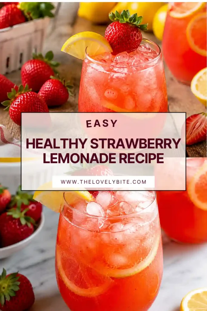 A glass of homemade strawberry lemonade served over ice with fresh strawberry slices and lemon wedges. This refreshing summer drink features vibrant berry flavor and fresh citrus notes.