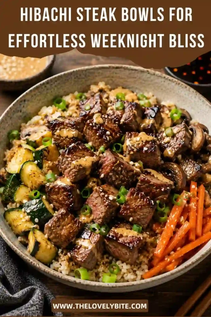 A bowl of Hibachi Steak Bowls topped with juicy sirloin steak, sautéed mushrooms, zucchini, and carrots over fried rice. This easy Japanese-inspired dinner is colorful, hearty, and full of savory flavor.