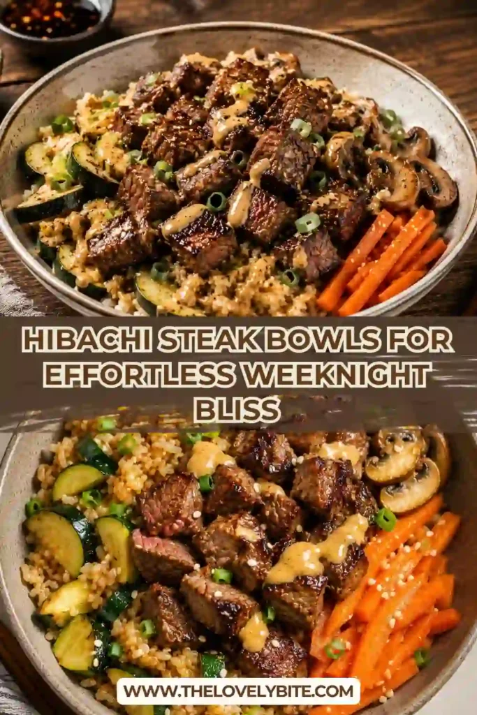 Freshly cooked Hibachi Steak Bowls featuring seared sirloin steak, mushrooms, carrots, and zucchini. This steak rice bowl recipe is perfect for easy family dinners.