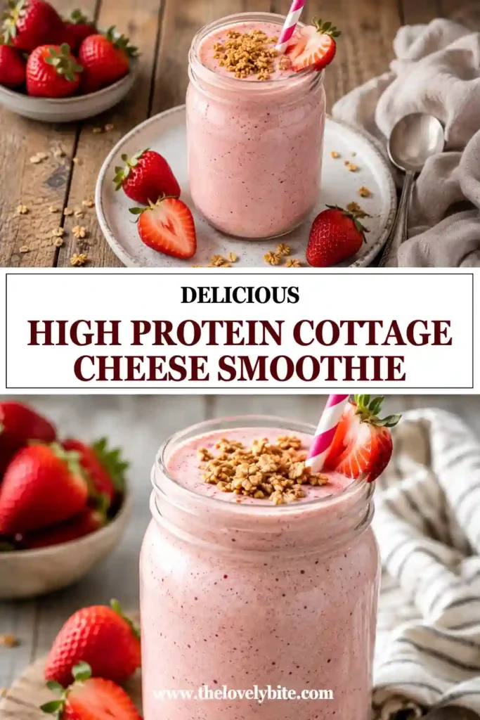 A creamy High Protein Cottage Cheese Smoothie blended with strawberries and peanut butter in a clear glass. This healthy breakfast smoothie has a thick texture and vibrant pink color.