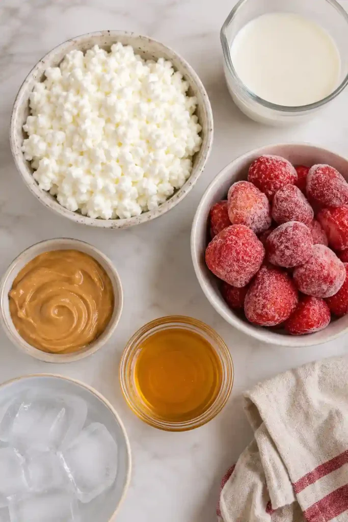 High Protein Cottage Cheese Smoothie in a serving glass garnished with fresh strawberries. The smoothie has a smooth, creamy consistency and bright berry color.