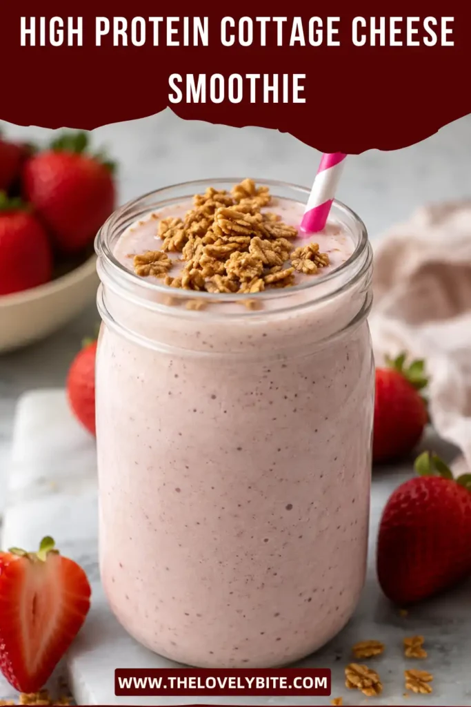 Healthy breakfast smoothie prepared with cottage cheese, frozen strawberries, and milk. The vibrant smoothie is served cold and ready to enjoy.