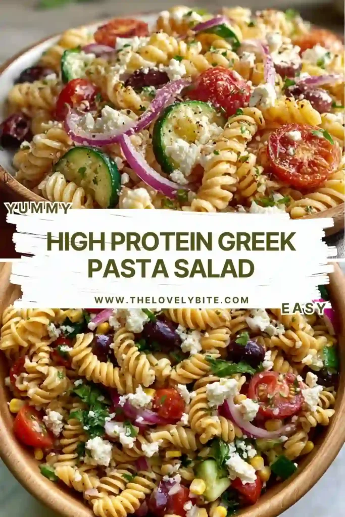 Meal prep High Protein Greek Pasta Salad arranged in a serving bowl with colorful vegetables and fresh herbs. The salad is coated in a light lemon oregano dressing.