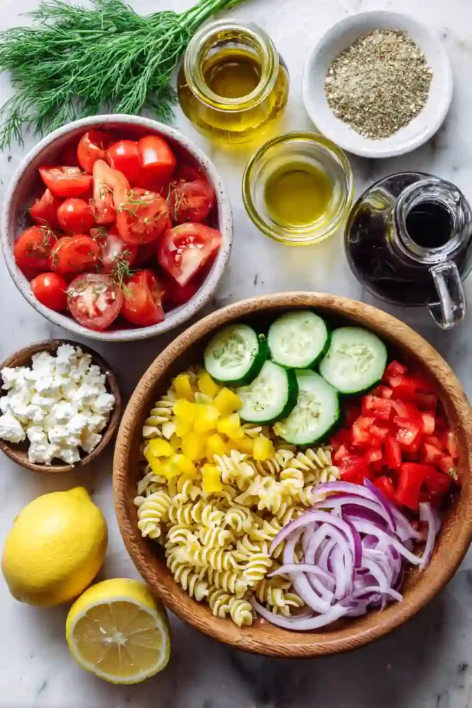 A bowl of High Protein Greek Pasta Salad filled with protein pasta, cucumbers, tomatoes, bell peppers, feta cheese, and fresh dill. The colorful Mediterranean ingredients are tossed in a bright lemon vinaigrette.
